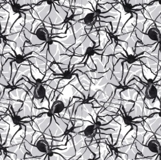 Dzianina elastyczna szara z nadrukiem pająków na Halloween 20852/061