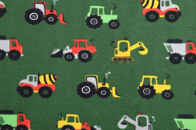 Dzianina bawełniana zielona z nadrukiem traktorów 16619/028