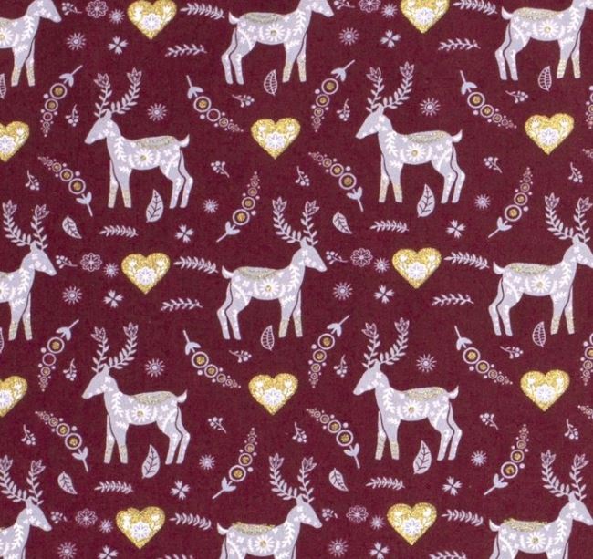 Tkanina bawełniana świąteczna bordo z nadrukiem jeleni 16710/0181
