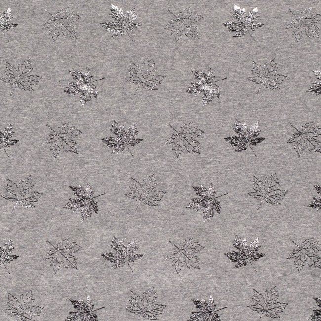 Dzianina bawełniana jasnoszary melanż z nadrukiem foliowych liści 12661/063