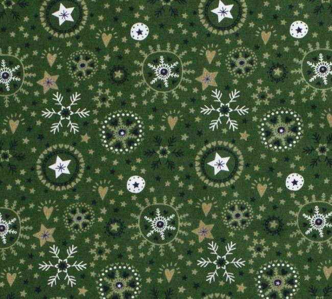 Tkanina bawełniana świąteczna zielona z nadrukiem płatków śniegu 14714/025