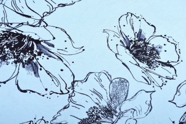 Dżersej wiskozowy miętowy w czarne kwiaty  4310/021