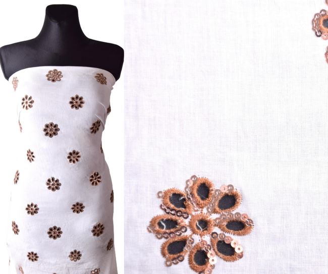 Tkanina bawełniana z poliestrem biała z wyszywanymi kwiatkami i cekinami Q11370-058D