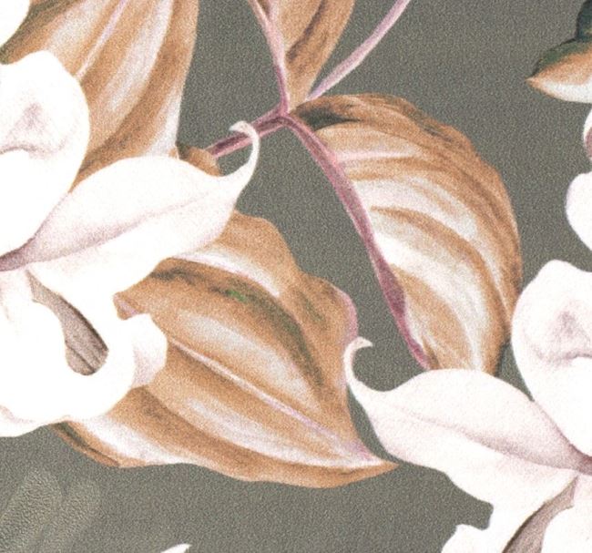 Tkanina dekoracyjna khaki z cyfrowym nadrukiem kwiatów 01635/027