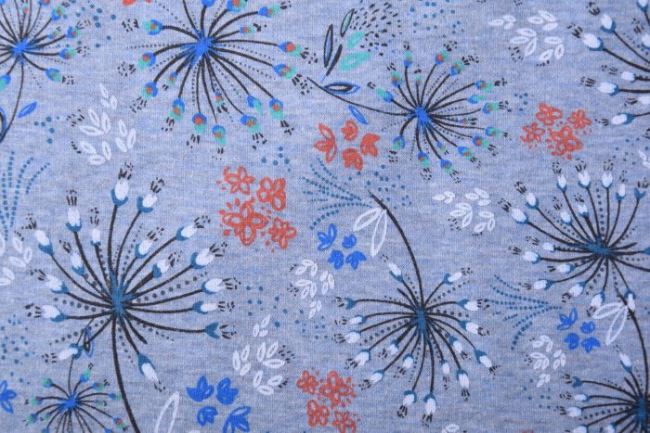 Dzianina dresowa z misiem Alpenfleece niebieski melanż z kwiatami 17362/690