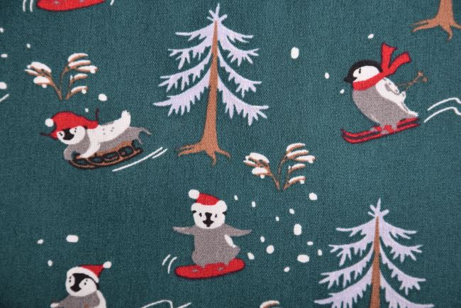 Tkanina bawełniana świąteczna zielona z nadrukiem pingwinów K15025-025D