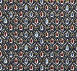 Świąteczna tkanina bawełniana niebieska z ozdobnym złotym nadrukiem 18712/008