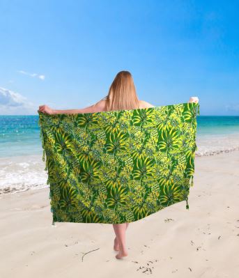 Pareo/sarong w kolorze zielonym z nadrukiem roślin tropikalnych BALI240