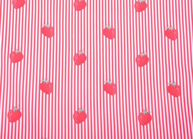 Tkanina bawełniana czerwona w paski z nadrukiem truskawek 4200/015