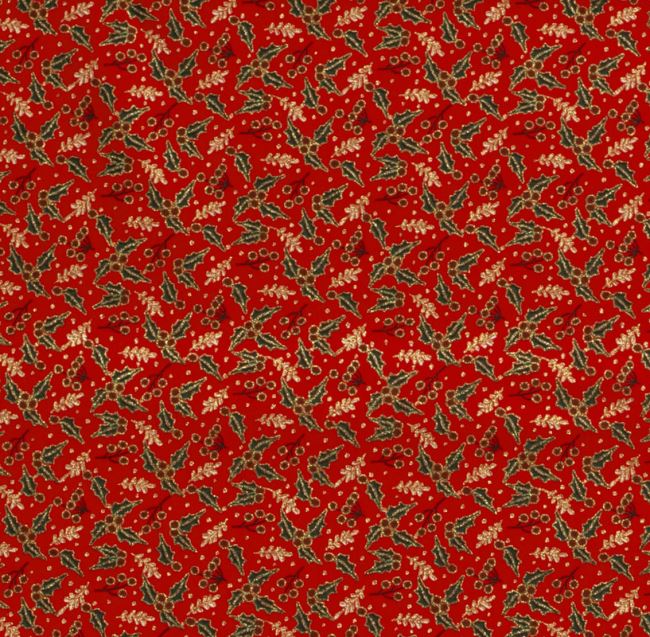 Świąteczna tkanina bawełniana czerwona z nadrukiem ostrokrzewu 20721/015