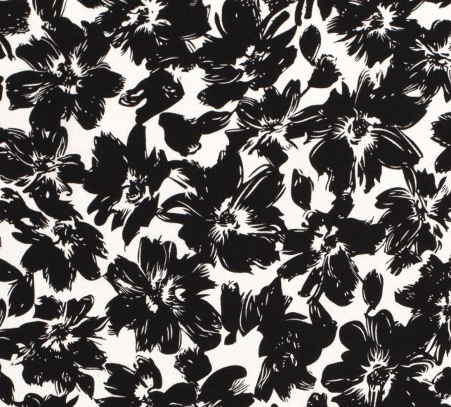 Tkanina wiskozowa w kolorze białym z nadrukiem czarnych kwiatów 18055/051
