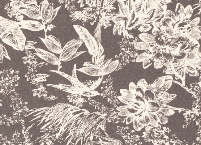 Tkanina wiskozow z dodatkiem lnu szara z kwiatami 15234/054