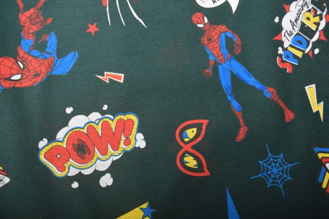 1 m dzianiny bawełnianej w kolorze zielonym z nadrukiem Spider-Mana DS-KUP152