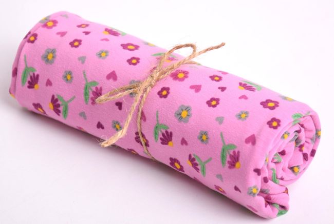 Rolka dzianiny bawełnianej różowej z nadrukiem kwiatów RO17684/012