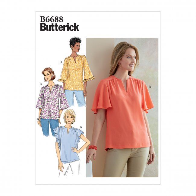 Wykrój Butterick na damskie bluzki z krótkim rękawem w wielkości 44-52 B6688-E5