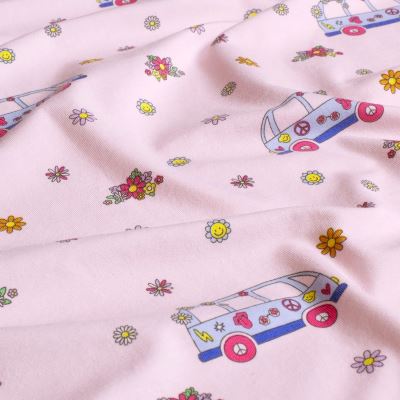 Dzianina bawełniana w kolorze różowym z nadrukiem hippie bus 21817/011 (1)