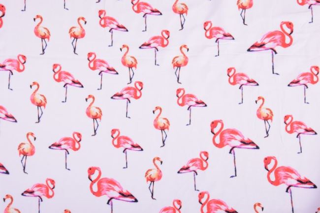 Tkanina wiskozowa biała z flamingami 11227/050