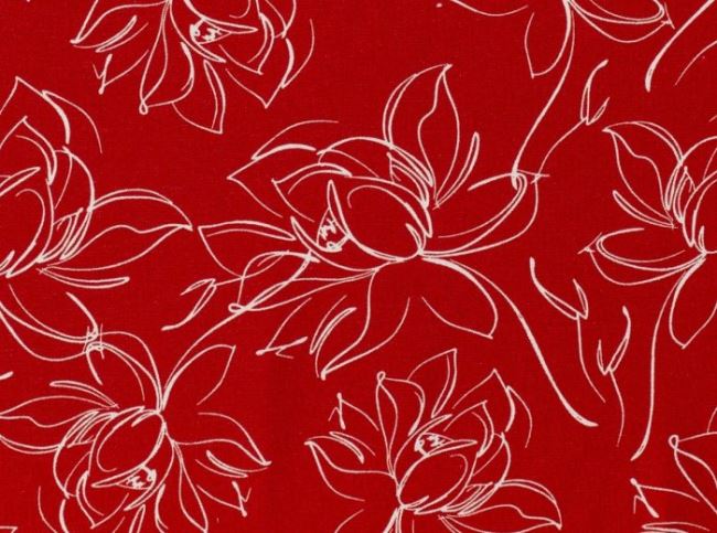 Tkanina wiskozowa czerwona z dodatkiem lnu i kwiatami 15249/057