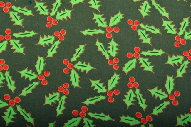 Bawełna świąteczna zielona z nadrukiem ostrokrzewu 05987/028