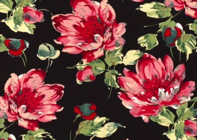 Tkanina bluzkowa w kolorze czarnym z nadrukiem kwiatów 15170/069