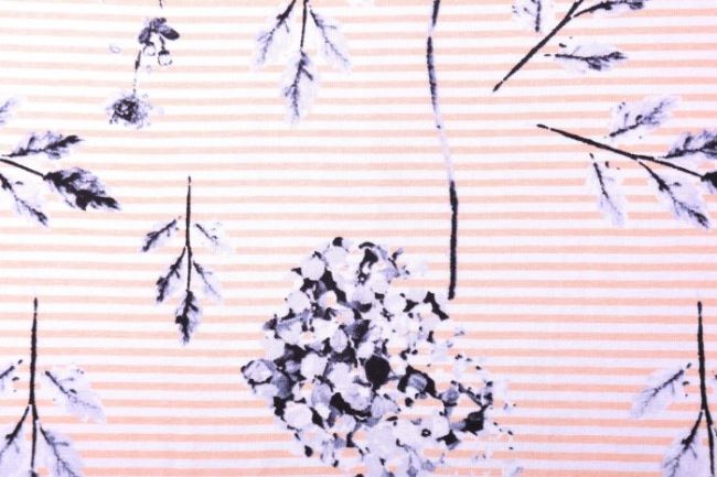 Dżersej wiskozowy kremowy z nadrukiem pasków i kwiatów 11214/011