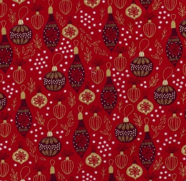 Tkanina bawełniana świąteczna czerwona z nadrukiem bombek 14705/015