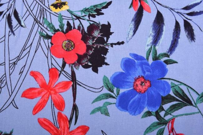 Tkanina wiskozowa z dodatkiem lnu niebieska z nadrukiem kwiatów 11550/003
