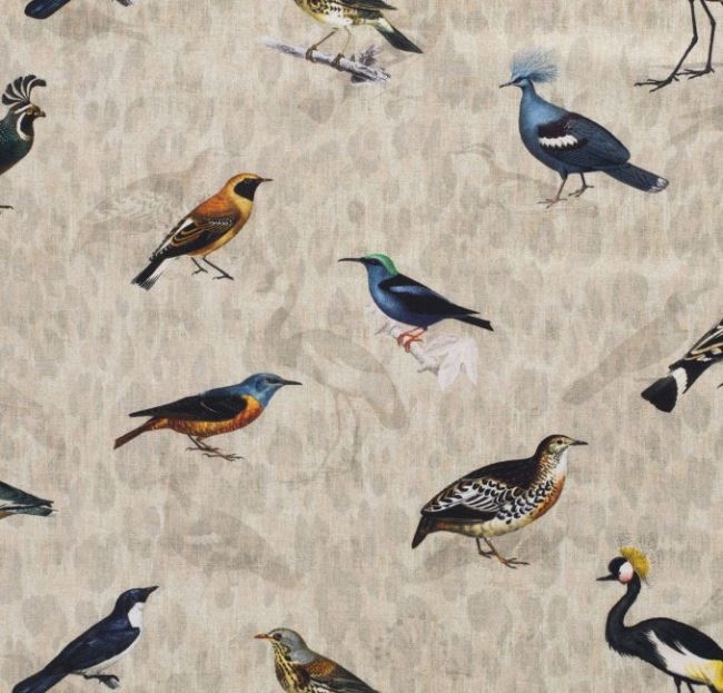 Tkanina dekoracyjna beżowa z cyfrowym nadrukiem ptaków 1495/052