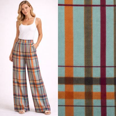 Tkanina wiskozowa w kolorze zielonym z nadrukiem w kratkę TF284