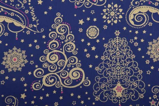 Świąteczna tkanina bawełniana granatowa z nadrukiem ornamentów 12706/008