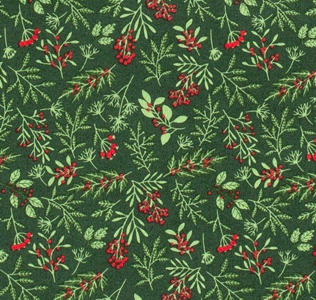 Tkanina bawełniana świąteczna zielona z nadrukiem jarzębin 16723/028