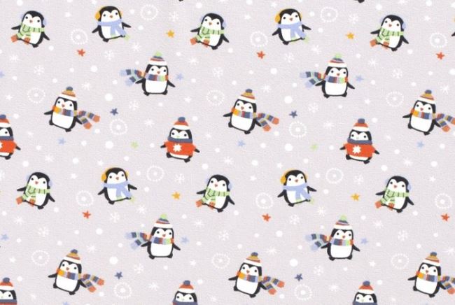 Dzianina bawełniana świąteczna jasnoszara z nadrukiem pingwinków 16729/018