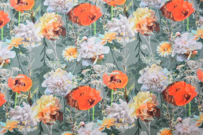 Dzianina bawełniana w kolorze khaki z cyfrowym nadrukiem kwiatów polnych S1760R-3428
