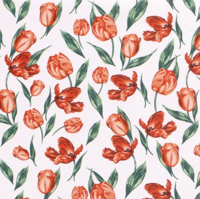 Popelina w kolorze białym z nadrukiem czerwonych tulipanów 19749/050