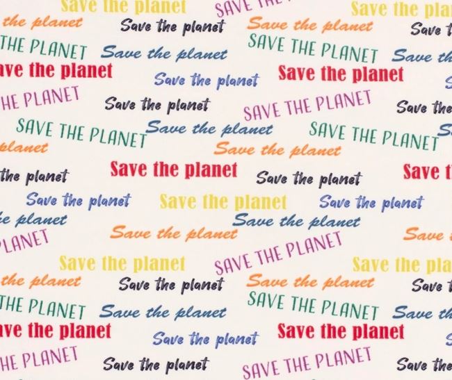 Dzianina French Terry w kremowym kolorze z nadrukiem Save the Planet 21869/051