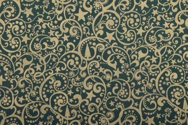 Tkanina bawełniana świąteczna zielona ze złotymi ornamentami 12705/025