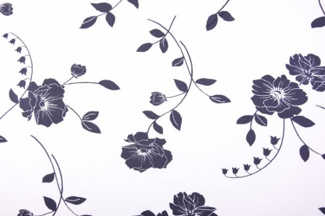 Bawełna elastyczna biała z nadrukiem czarnych kwiatów Q11402-076