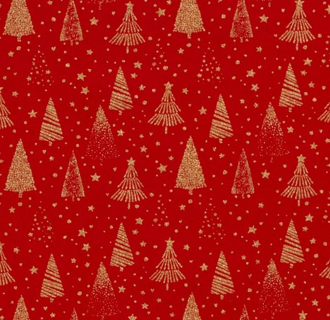 Świąteczna tkanina bawełniana w kolorze czerwonym z nadrukiem złotych drzewek 20710/015