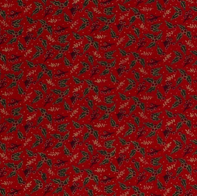 Tkanina bawełniana świąteczna czerwona z nadrukiem ostrokrzew 14715/015