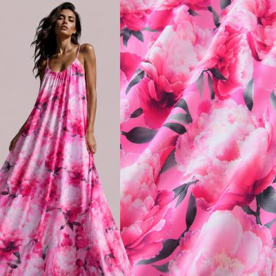Sztuczny jedwab Silky w różowym kolorze z nadrukiem kwiatowym CS13166C