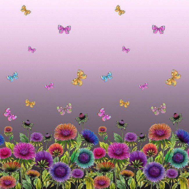 Dzianina bawełniana z cyfrowym nadrukiem kwiatów i motylków 63731