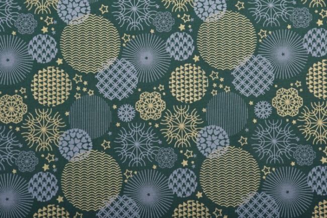 Świąteczna tkanina bawełniana zielona z nadrukiem ozdób 12708/025