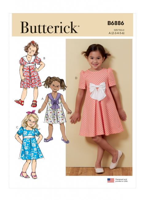 Wykrój Butterick na dziecięce sukienki w roz. 2-6 B6886-A