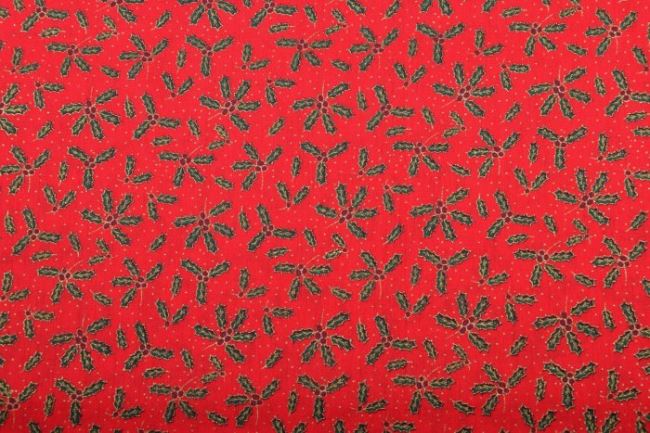 Świąteczna tkanina bawełniana czerwona z nadrukiem jemioł 12711/015