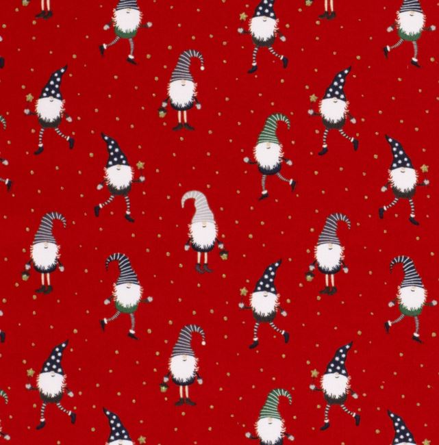 Świąteczna tkanina bawełniana w kolorze czerwonym z nadrukiem elfów 20732/015