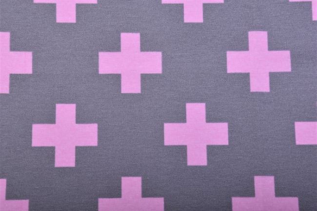 Tkanina dekoracyjna szara z nadrukiem różowych krzyży 1102/013