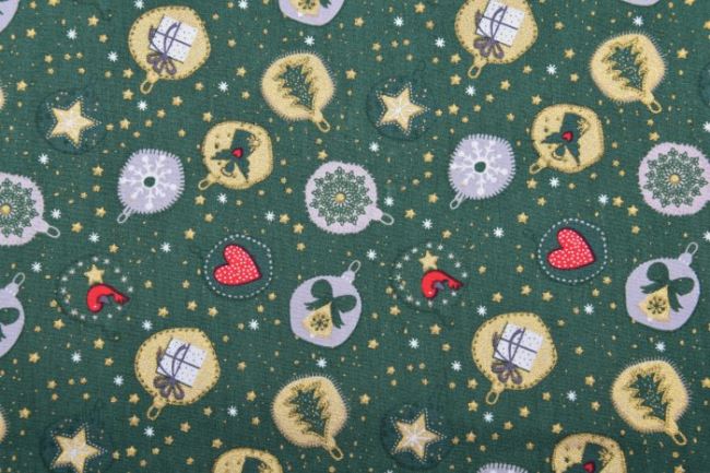 Świąteczna tkanina bawełniana zielona z nadrukiem ozdób 12712/025