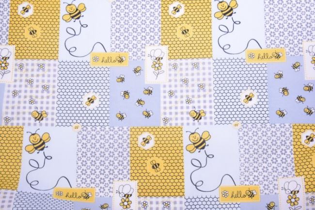 Tkanina bawełniana szara z nadrukiem pszczół i plastrów miodu 11125/061