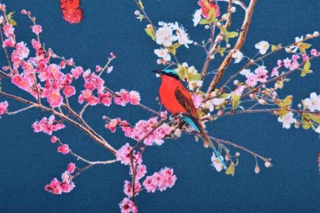 Dzianina bawełniana w kolorze petrolowym w kwiaty i ptaki 80109