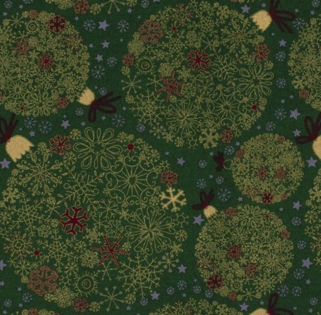 Tkanina bawełniana świąteczna zielona z nadrukiem bombek 14704/025